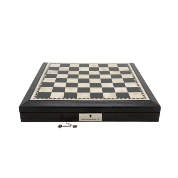 Dal Rossi Italy Black and White PU Leather Bevelled Edge 16" Chess Box with compartments