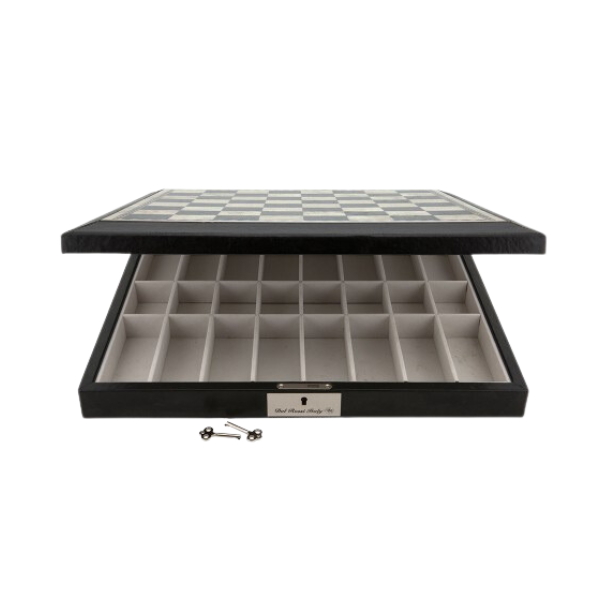 Dal Rossi Italy Black and White PU Leather Bevelled Edge 16" Chess Box with compartments
