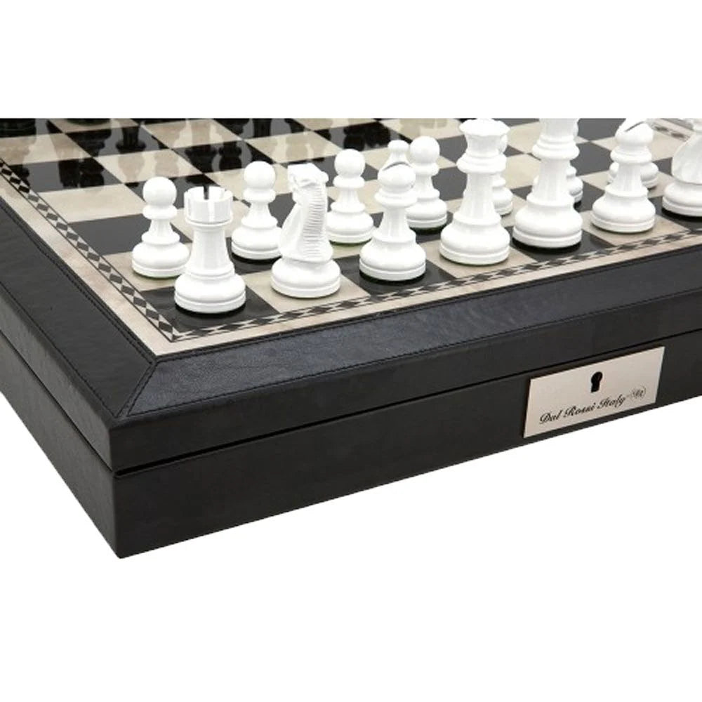 Dal Rossi Italy 16" Chess Set Black and White with PU Leather Edge with compartments and Black and White 85mm Chess Pieces