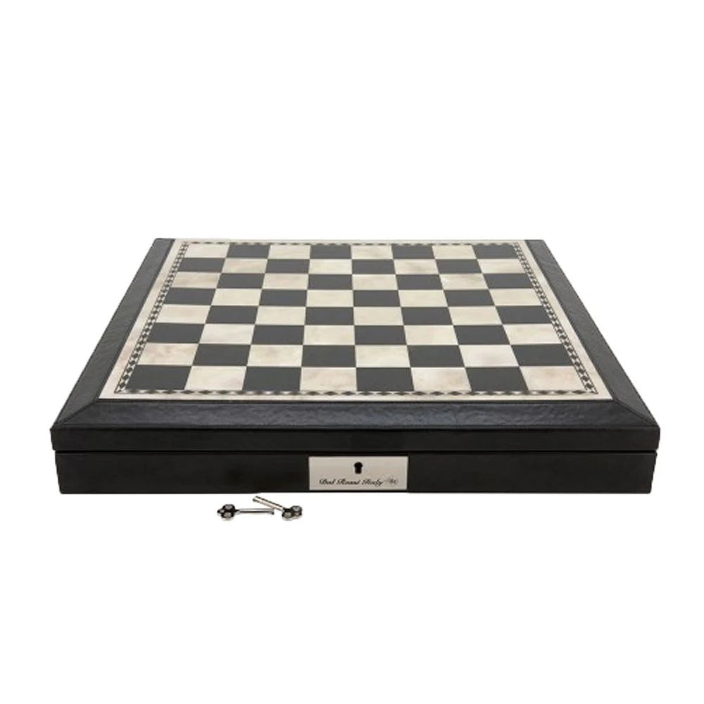 Dal Rossi Italy 16" Chess Set Black and White with PU Leather Edge with compartments and Black and White 85mm Chess Pieces