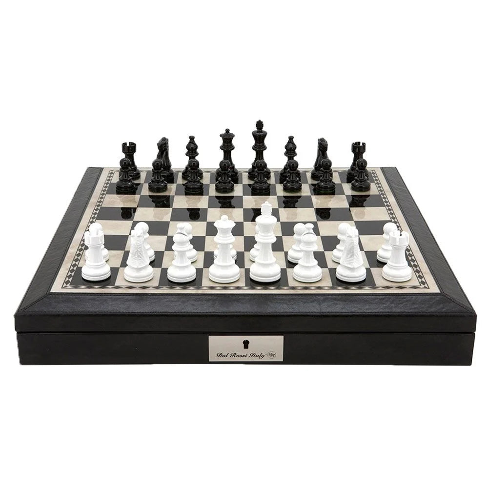 Dal Rossi Italy 16" Chess Set Black and White with PU Leather Edge with compartments and Black and White 85mm Chess Pieces