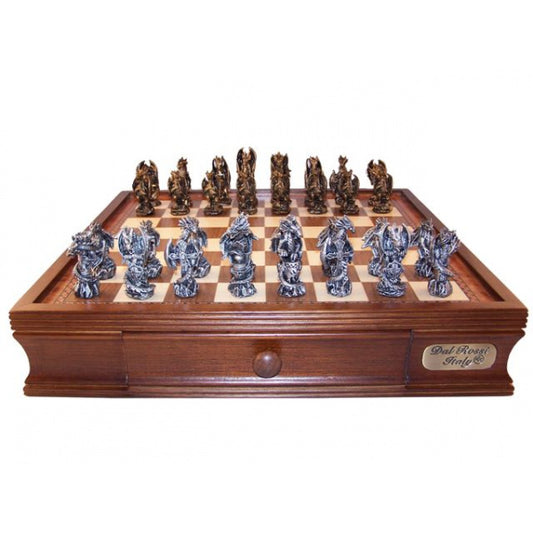 Dal Rossi Italy, Mystical Dragon Chess Set, Pewter, 95mm on Dal Rossi 40cm Chess Box