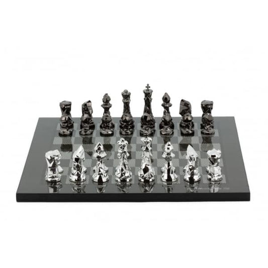 Dal Rossi Italy Chess Set with Diamond-Cut Titanium & Silver 85mm chessmen on a Carbon Fibre Shiny Finish Chess Board16”