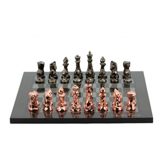 Dal Rossi Italy Chess Set with Diamond-Cut Copper & Bronze 85mm chessmen on a Carbon Fibre Shiny Finish Chess Board16”