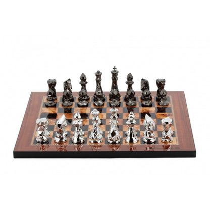 Dal Rossi Italy Chess Set with Diamond-Cut Titanium & Silver 85mm chessmen on a Walnut Shinny Finish Chess Board 16”