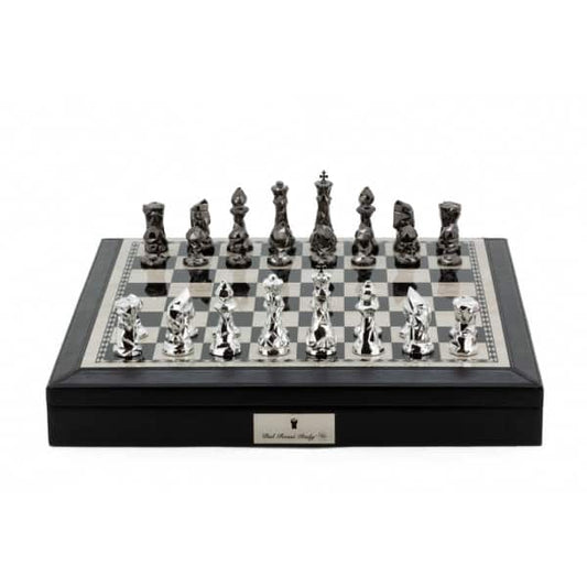 Dal Rossi Italy Black PU Leather Bevelled Edge chess box with compartments 18" with Diamond-Cut Titanium & Silver Finish Chessmen