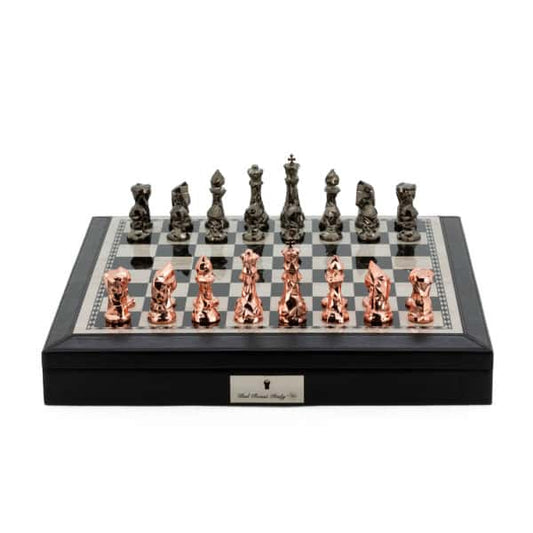 Dal Rossi Italy Black PU Leather Bevelled Edge chess box with compartments 18" with Diamond-Cut Copper & Bronze Finish Chessmen