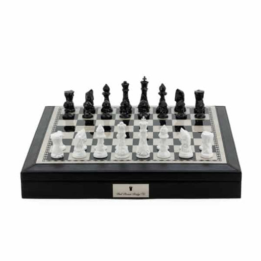 Dal Rossi Italy Black PU Leather Bevelled Edge chess box with compartments 18" with Diamond-Cut Black & White Finish Chessmen