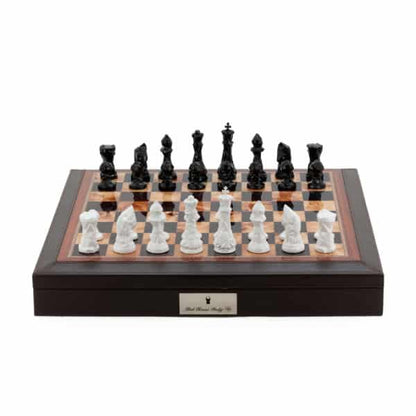 Dal Rossi Italy Brown PU Leather Bevelled Edge chess box with compartments 18" with Diamond-Cut Black & White Finish Chessmen