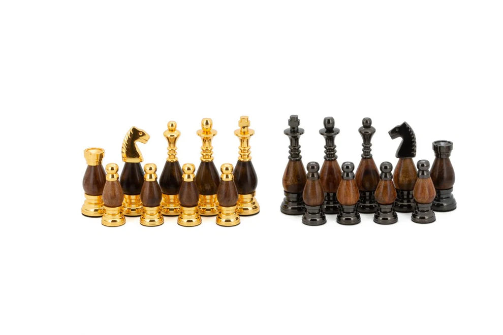 Dal Rossi Italy Chess Box Walnut Finish Chess Box 20” with compartments with Staunton Metal and Wood Gold 100mm Chessmen