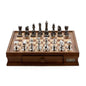 Dal Rossi Italy Chess Set with Diamond-Cut Titanium & Silver 85mm chessmen on a Walnut Finish Chess Box 16” with drawers