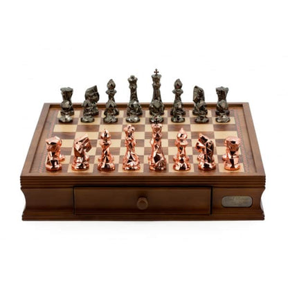 Dal Rossi Italy Chess Set with Diamond-Cut Copper & Bronze 85mm chessmen on a Walnut Finish Chess Box 16” with drawers