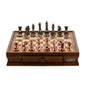 Dal Rossi Italy Chess Set with Diamond-Cut Copper & Bronze 85mm chessmen on a Walnut Finish Chess Box 16” with drawers