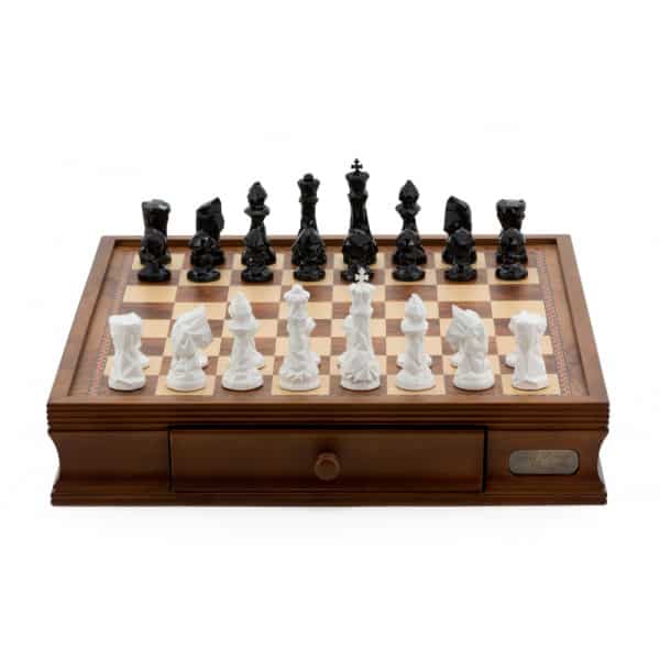 Dal Rossi Italy Chess Set with Diamond-Cut Black & White 85mm chessmen on a Walnut Finish Chess Box 16” with drawers