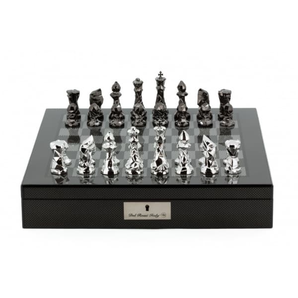 Dal Rossi Italy Chess Set with Diamond-Cut Titanium & Silver 85mm chessmen on a Carbon Fibre Shiny Finish Chess Box 16” with compartments