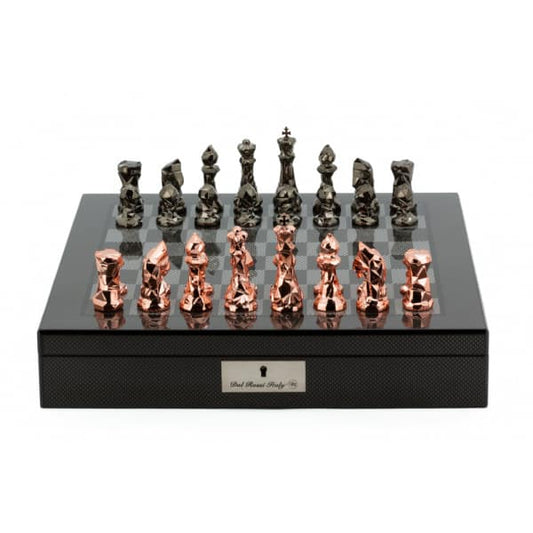 Dal Rossi Italy Chess Set with Diamond-Cut Copper & Bronze 85mm chessmen on a Carbon Fibre Shiny Finish Chess Box 16” with compartments