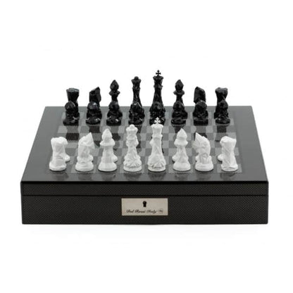 Dal Rossi Italy Chess Set with Diamond-Cut Black & White 85mm chessmen on a Carbon Fibre Shiny Finish Chess Box 16” with compartments