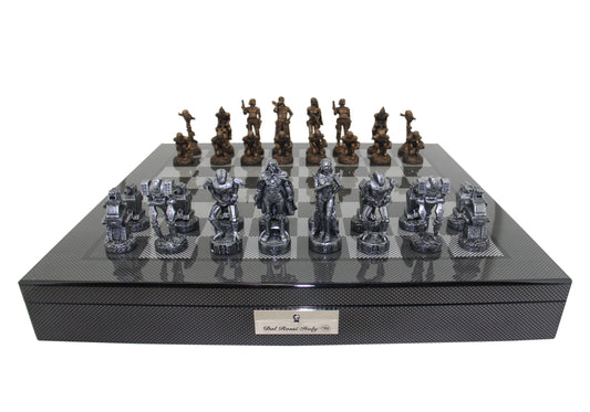 Dal Rossi Italy Mad Max Robot Chess Set on a Carbon Fibre Shiny Finish Chess Box 20” with compartments