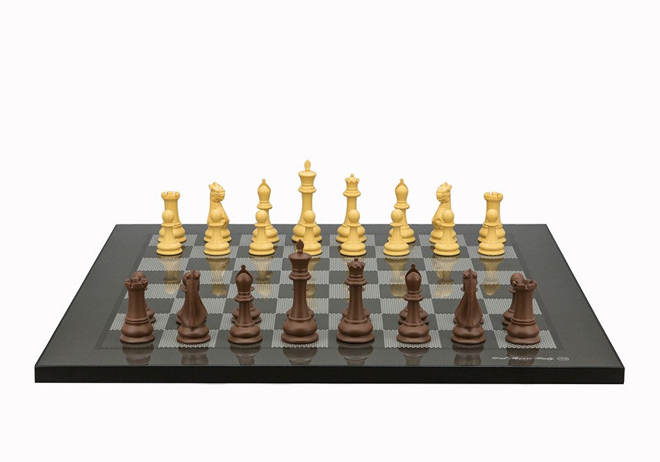 Dal Rossi Italy Chess Set Flat  Carbon Fibre Finish Board 50cm, With Queens Gambit Chessmen 90mm