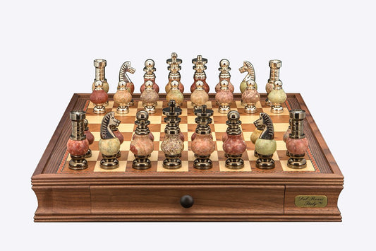 Dal Rossi Italy Chess Set on a 20" Walnut Board & Box with Coloured Stone and Metal , Silver Chessmen