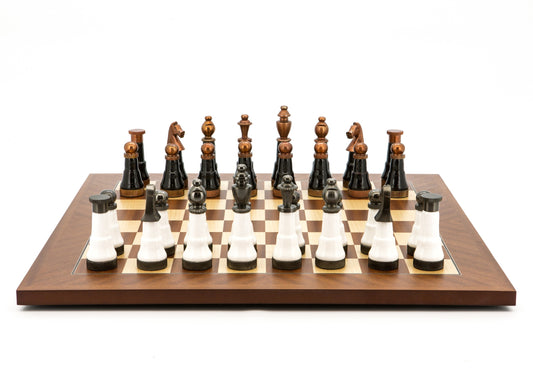 Dal Rossi Italy, Black and White with Copper and Gun Metal Gray Tops and Bottoms Chessmen on a Palisander and Maple 50cm