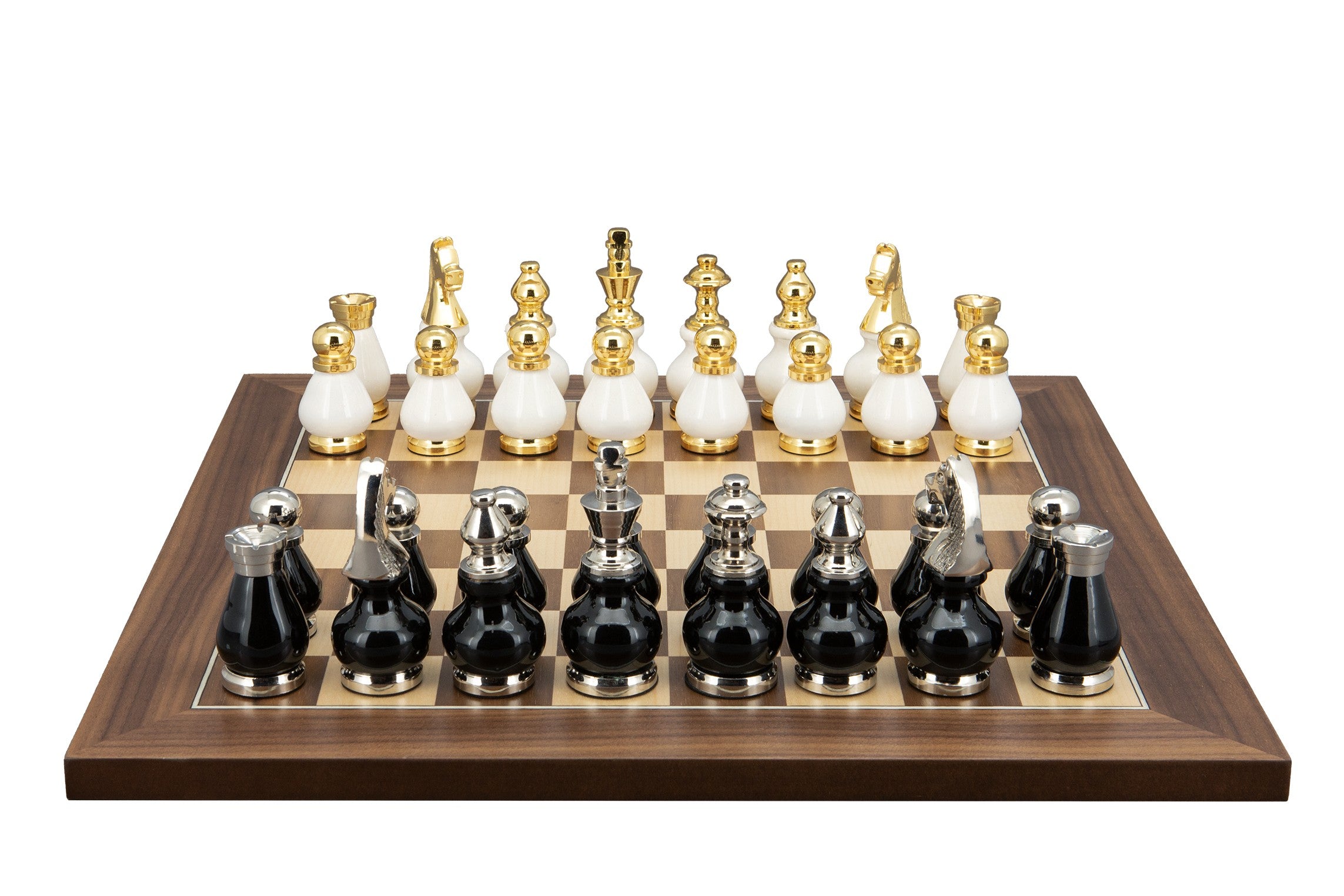 Dal Rossi Italy, Black and White with Gold and Silver Tops and Bottoms Chessmen 90mm on a Walnut Inlaid, 40cm Chess Board