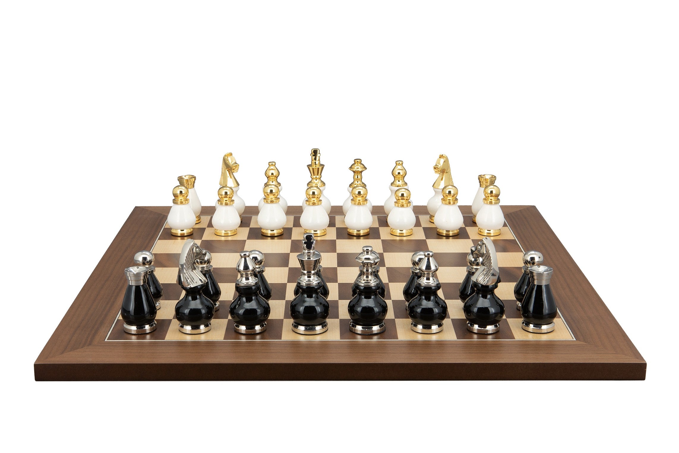 Dal Rossi Italy, Black and White with Gold and Silver Tops and Bottoms Chessmen 90mm on a Walnut Inlaid, 50cm Chess Board