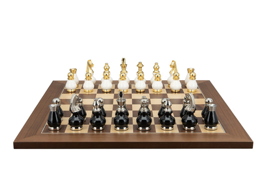 Dal Rossi Italy, Black and White with Gold and Silver Tops and Bottoms Chessmen 90mm on a Walnut Inlaid, 50cm Chess Board