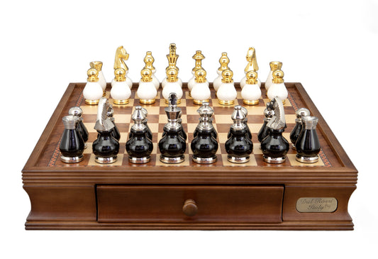 Dal Rossi Italy, Black and White with Gold and Silver Tops and Bottoms Chessmen 90mm on a Walnut Chess Box with Drawers 16"