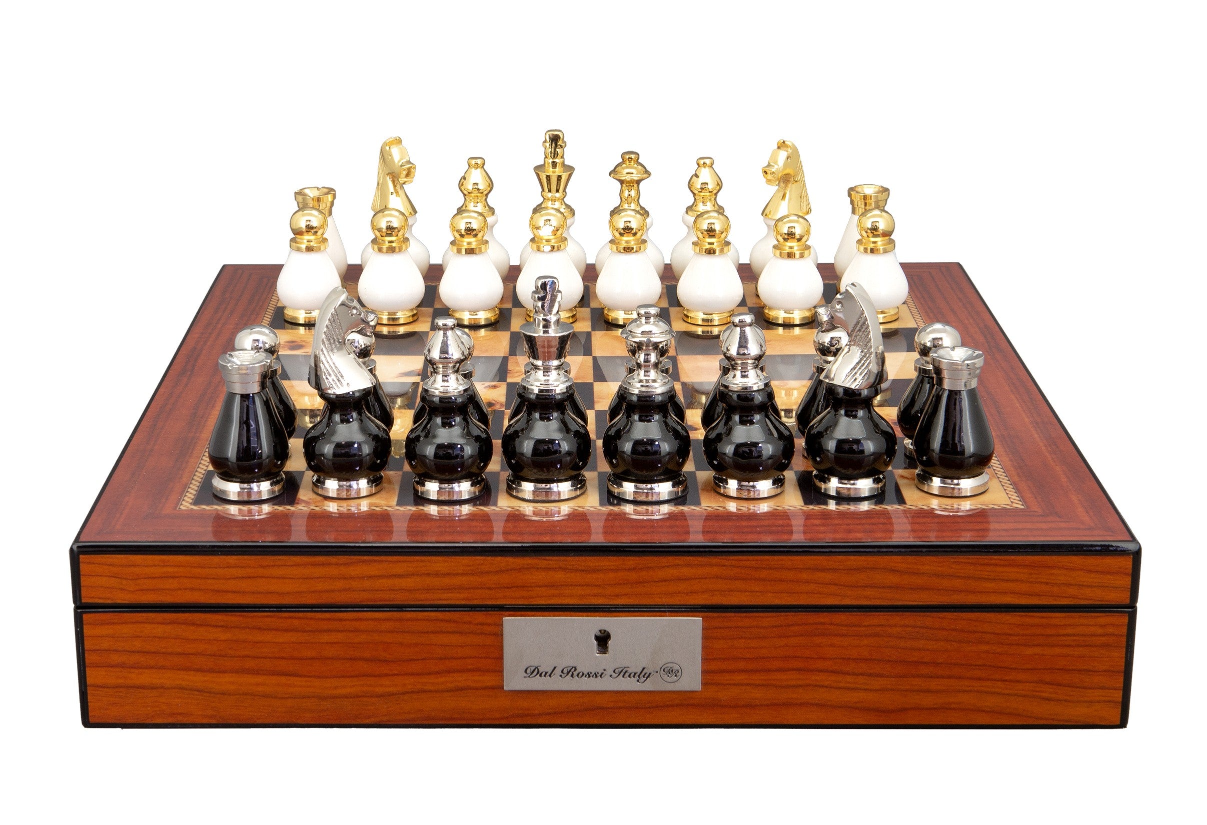 Dal Rossi Italy, Black and White with Gold and Silver Tops and Bottoms Chessmen 90mm on a Walnut Finish Shiny Chess Box with Compartments 16"
