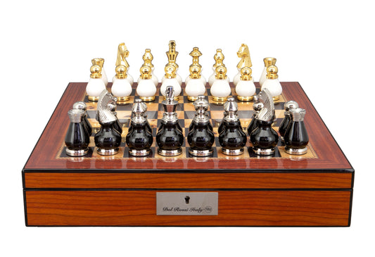 Dal Rossi Italy, Black and White with Gold and Silver Tops and Bottoms Chessmen 90mm on a Walnut Finish Shiny Chess Box with Compartments 16"