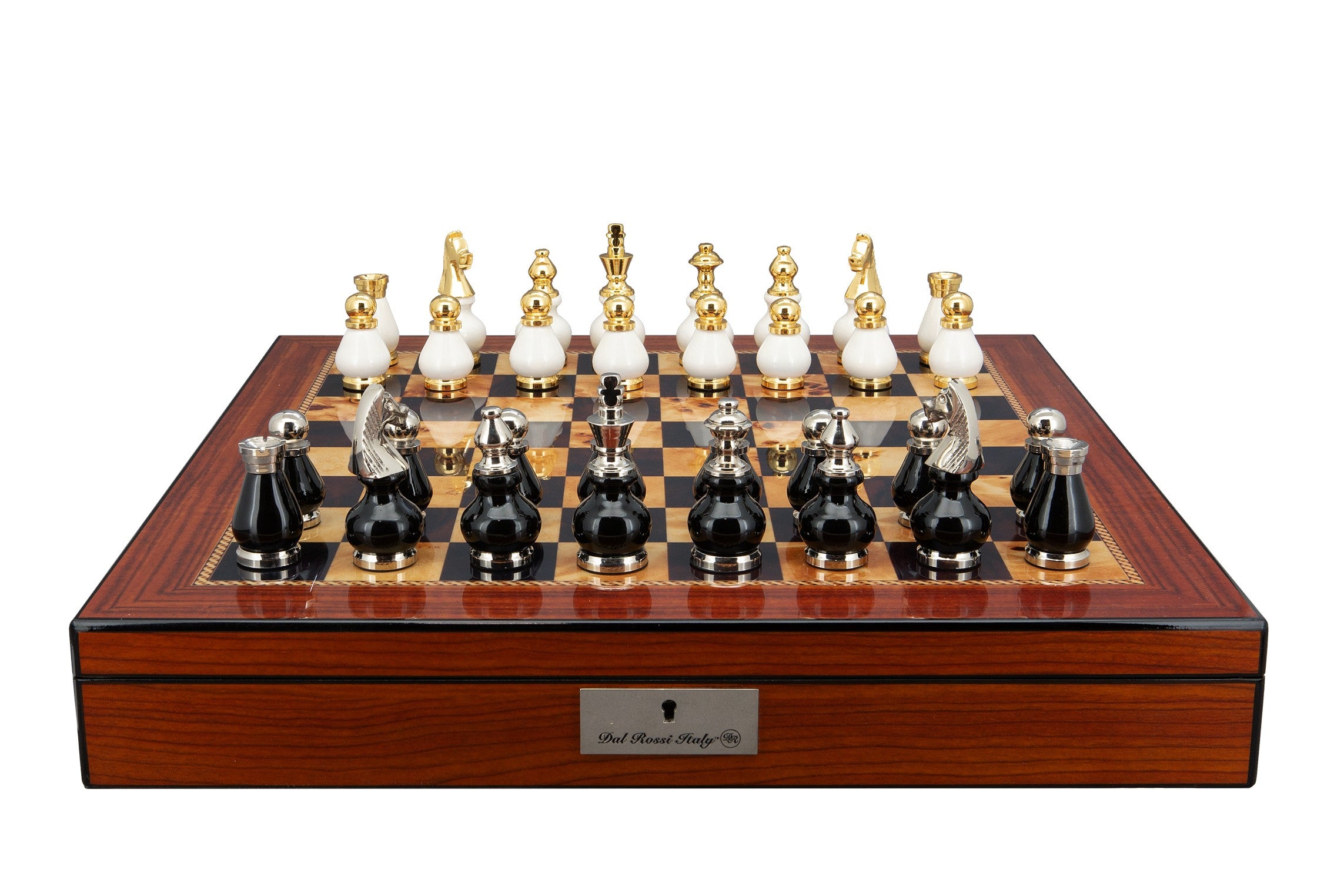 Dal Rossi Italy, Black and White with Gold and Silver Tops and Bottoms Chessmen 90mm on a Walnut Finish Shiny Chess Box with Compartments 20"