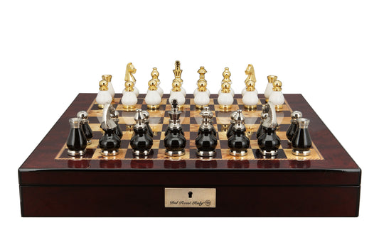 Dal Rossi Italy, Black and White with Gold and Silver Tops and Bottoms Chessmen 90mm on a Mahogany Finish Shiny Chess Box with Compartments 20"