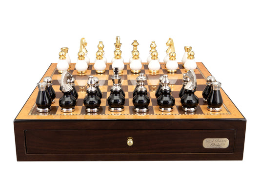 Dal Rossi Italy, Black and White with Gold and Silver Tops and Bottoms Chessmen 90mm  on a Shiny Walnut Chess Box with two Drawers 18"