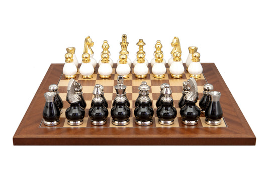 Dal Rossi Italy, Black and White with Gold and Silver Tops and Bottoms Chessmen 90mm on a Mahogany / Maple, 40cm Chess Board