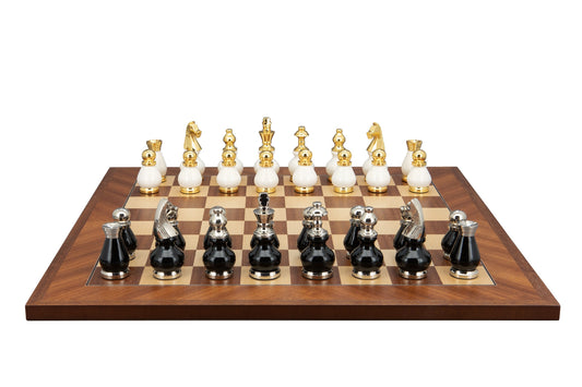 Dal Rossi Italy, Black and White with Gold and Silver Tops and Bottoms Chessmen 90mm on a Mahogany / Maple, 50cm Chess Board
