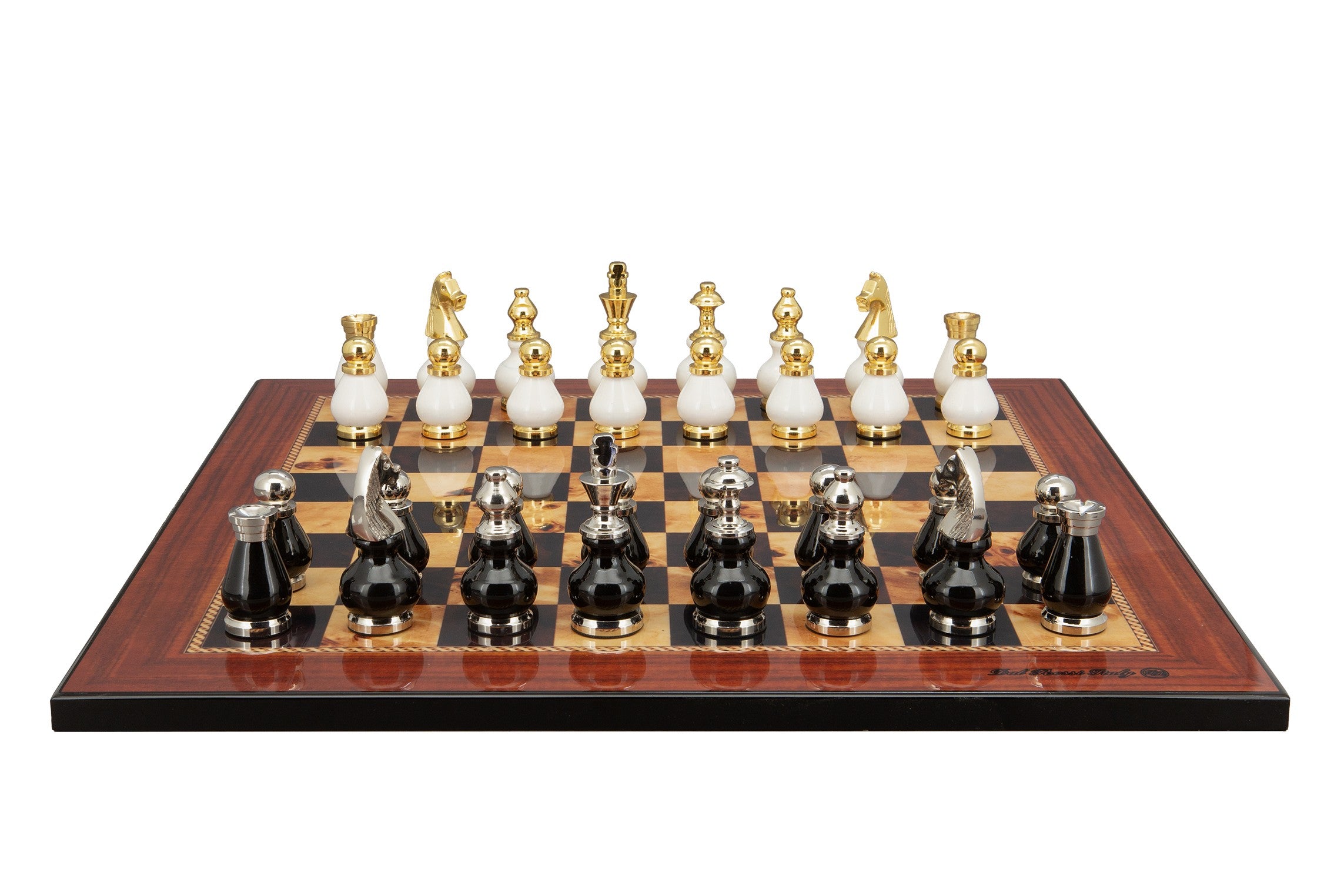 Dal Rossi Italy, Black and White with Gold and Silver Tops and Bottoms Chessmen 90mm on a Walnut Shiny Finish, 50cm Chess Board