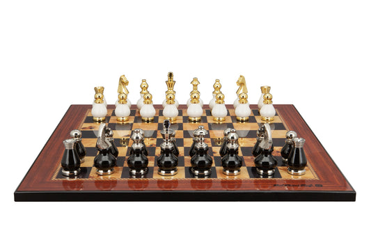 Dal Rossi Italy, Black and White with Gold and Silver Tops and Bottoms Chessmen 90mm on a Walnut Shiny Finish, 50cm Chess Board
