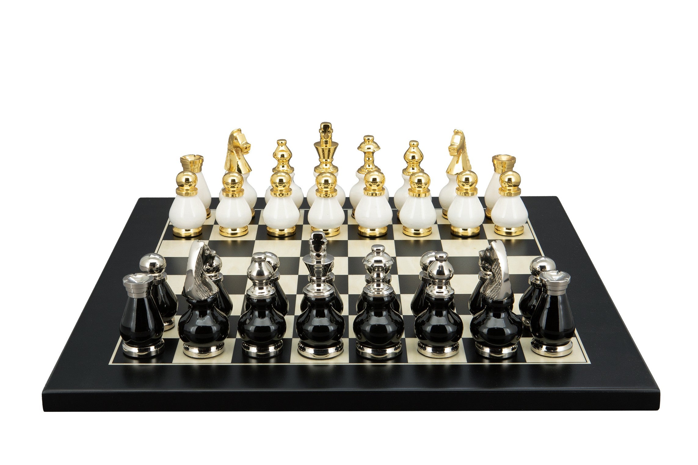Dal Rossi Italy, Black and White with Gold and Silver Tops and Bottoms Chessmen 90mm on a Black / Erable, 40cm Chess Board