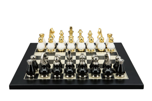 Dal Rossi Italy, Black and White with Gold and Silver Tops and Bottoms Chessmen 90mm on a Black / Erable, 40cm Chess Board