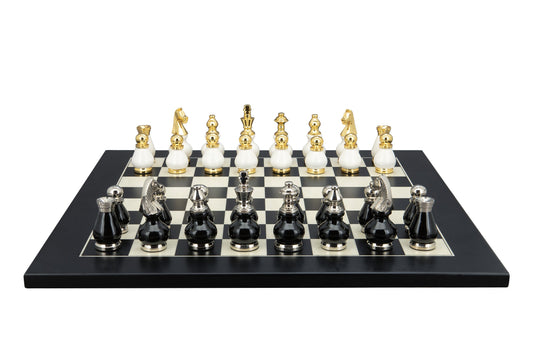 Dal Rossi Italy, Black and White with Gold and Silver Tops and Bottoms Chessmen 90mm on a Black / Erable, 50cm Chess Board
