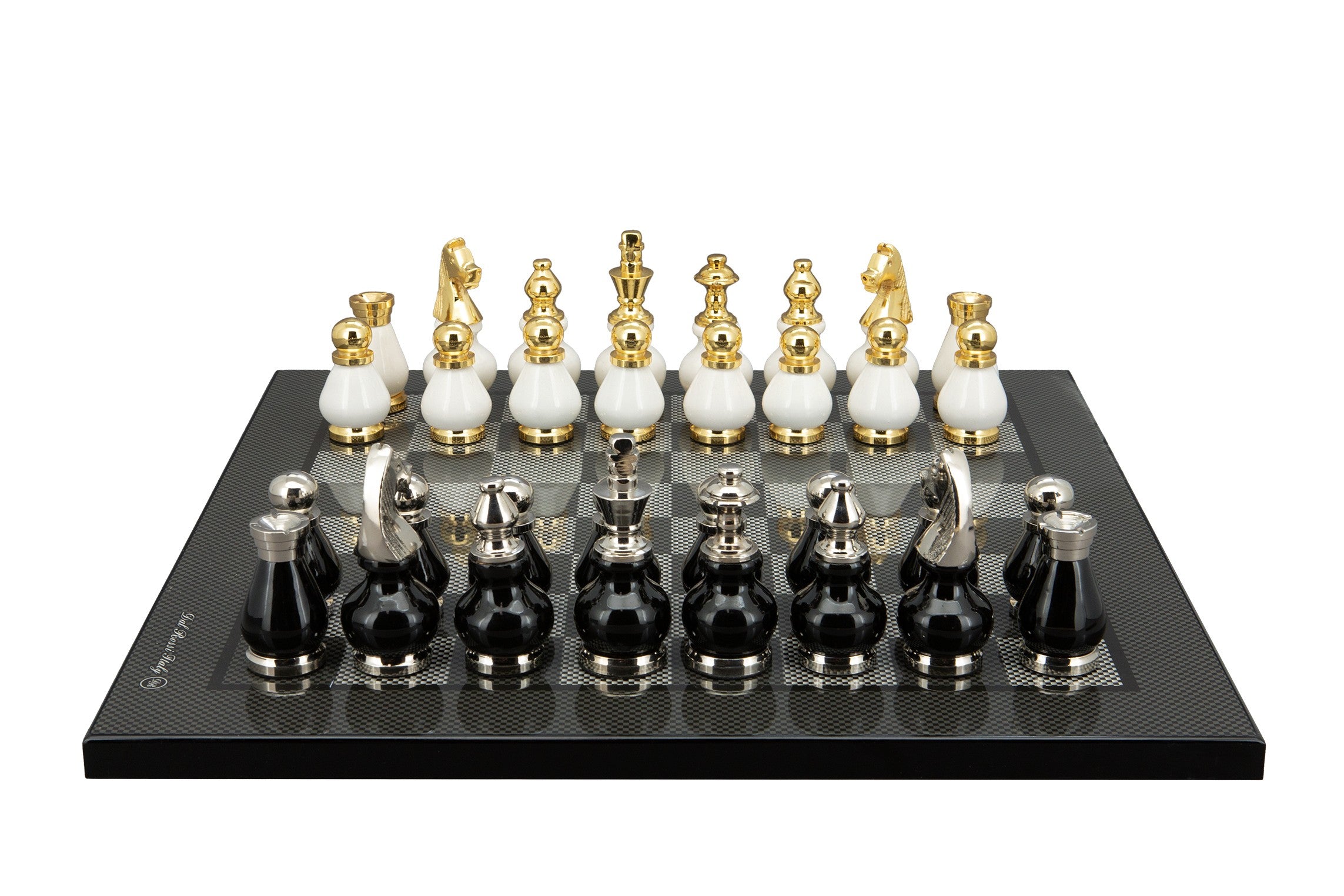 Dal Rossi Italy, Black and White with Gold and Silver Tops and Bottoms Chessmen 90mm on a Carbon Fibre Shiny Finish, 40cm Chess Board