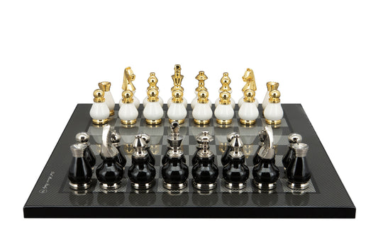 Dal Rossi Italy, Black and White with Gold and Silver Tops and Bottoms Chessmen 90mm on a Carbon Fibre Shiny Finish, 40cm Chess Board