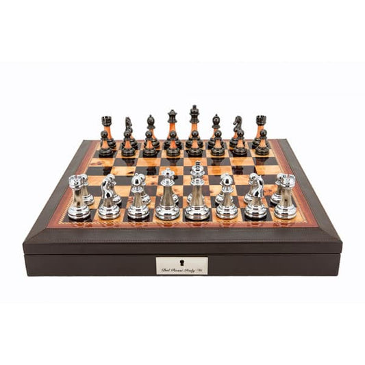 Dal Rossi Italy Walnut Finish PU Leather Bevelled Edge Chess Set With Compartments and Metal / Marble Finish Chess Pieces