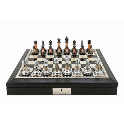 Dal Rossi Italy Chess Set Black Finish PU Leather Bevelled Edge 16" With Compartments and Metal/Marble Finish Chess Pieces