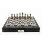 Dal Rossi Italy Chess Set Black Finish PU Leather Bevelled Edge 16" With Compartments and Metal/Marble Finish Chess Pieces