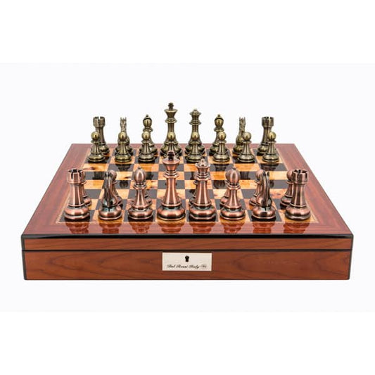 Dal Rossi Italy Copper / Bronze Chess Set on Walnut Shiny Finish Chess Box 20” with compartments