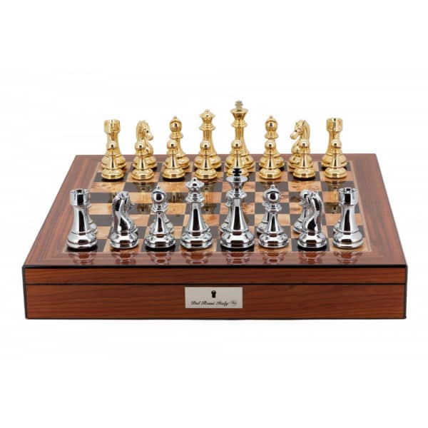 Dal Rossi Italy Gold & Titanium Chess Pieces on Walnut Finish Chess Box 20” with compartments