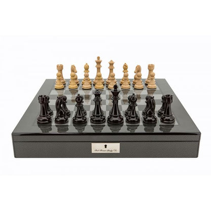 Dal Rossi Italy Black Ebony and Box wood Finish Chess Set on Carbon Fibre Shiny Finish Chess Box 20” with compartments