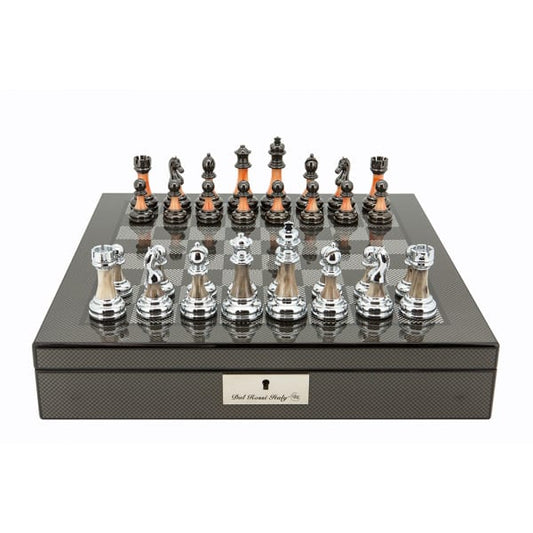 Dal Rossi Italy Carbon Fibre Shiny Finish Chess Box 16” with Metal Marble Chess Pieces